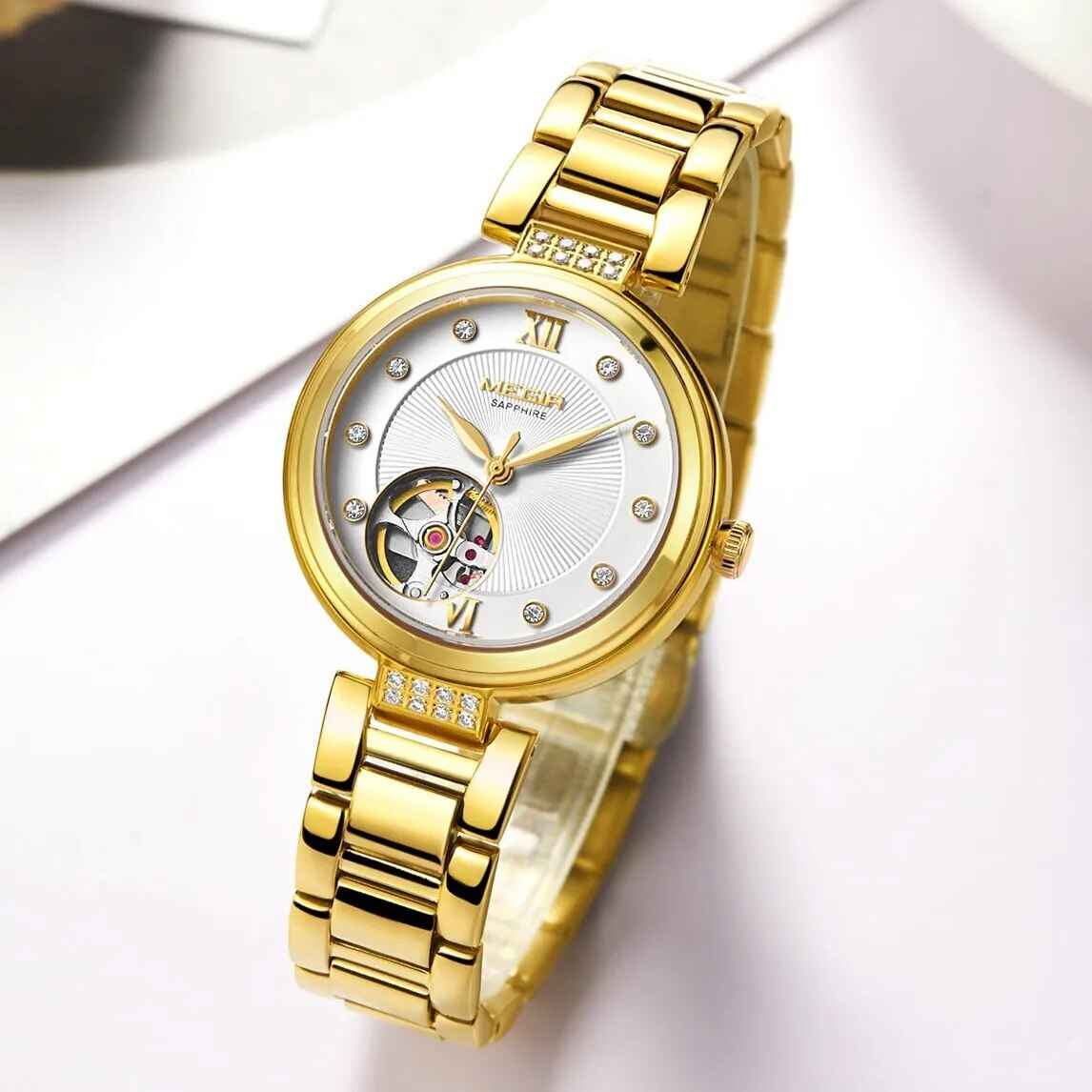 MEGIR Luxury Gold Women Bracelet Watch - Automatic Mechanical Wristwatch