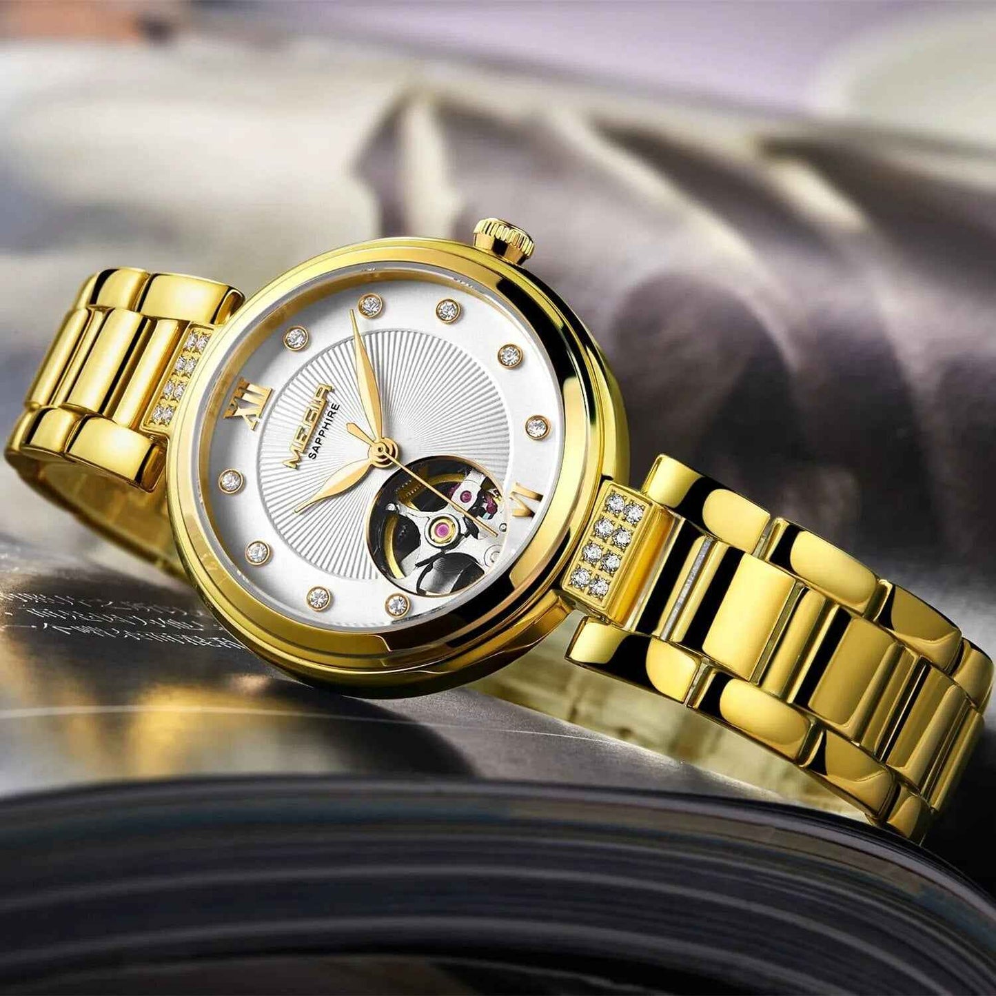 MEGIR Luxury Gold Women Bracelet Watch - Automatic Mechanical Wristwatch