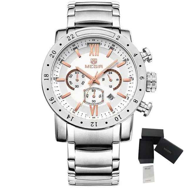 MEGIR Luxury Men's Chronograph Waterproof Quartz Watch - Stainless Steel Business Timepiece
