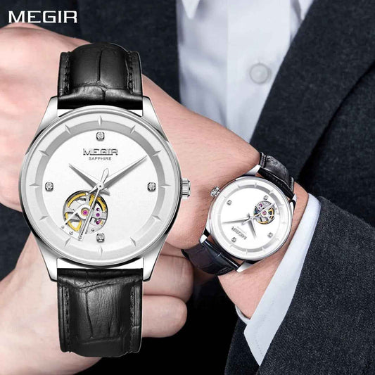 MEGIR Fashion Leather Strap Wristwatch for Men - Large Dial Sapphire Automatic Mechanical Watch