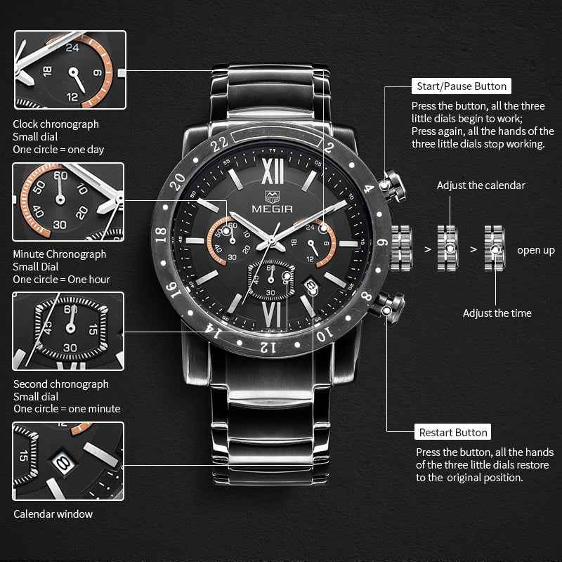 MEGIR Luxury Men's Chronograph Waterproof Quartz Watch - Stainless Steel Business Timepiece