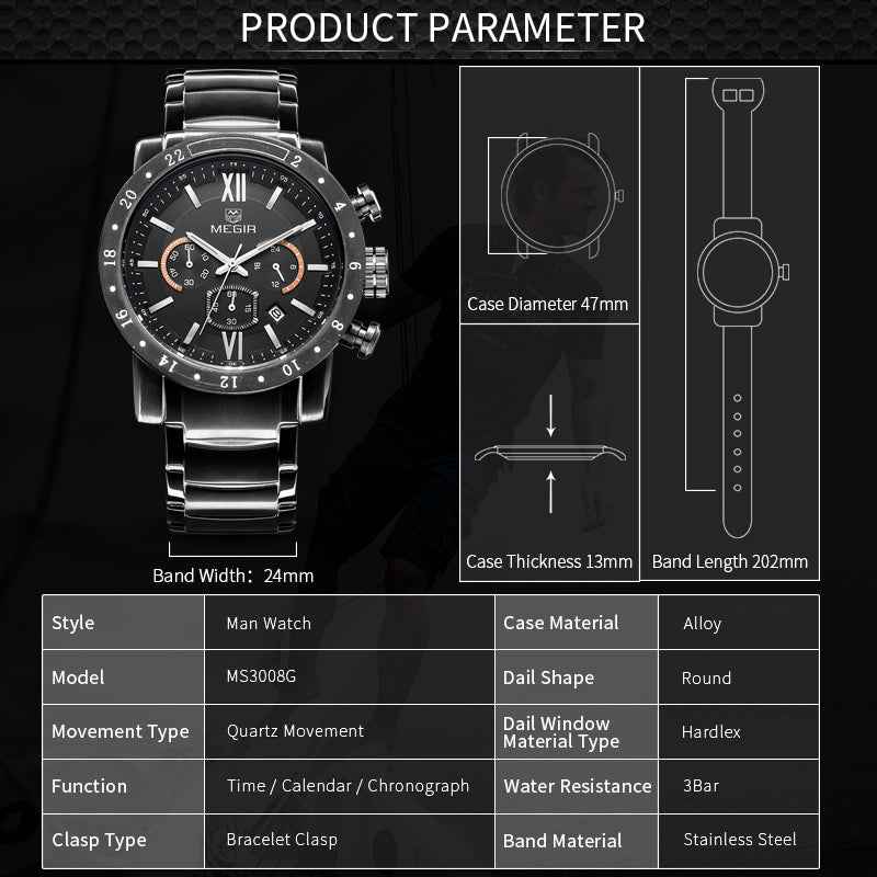 MEGIR Luxury Men's Chronograph Waterproof Quartz Watch - Stainless Steel Business Timepiece