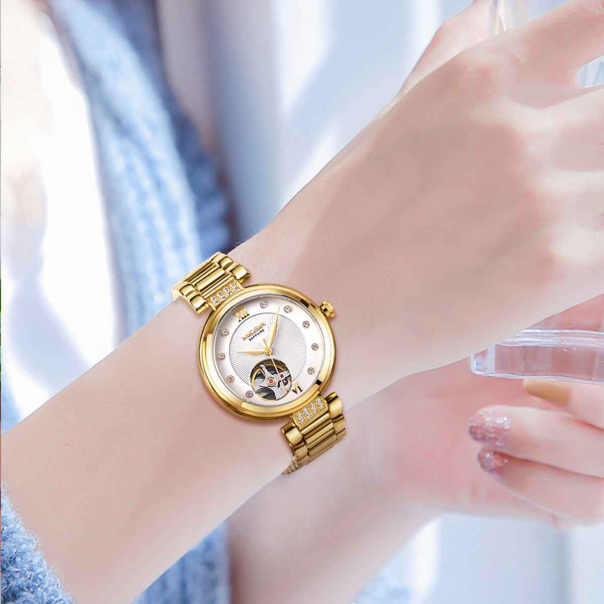 MEGIR Luxury Gold Women Bracelet Watch - Automatic Mechanical Wristwatch