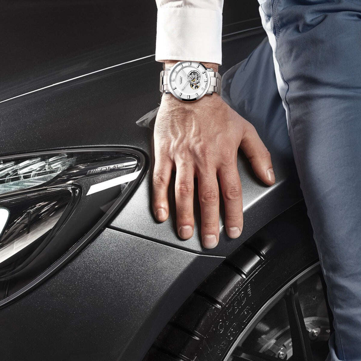 MEGIR Men Watch Hollow Out Automatic Mechanical Stainless Steel Wristwatch Waterproof Luxury Business Wrist Watch Montre Homme-4