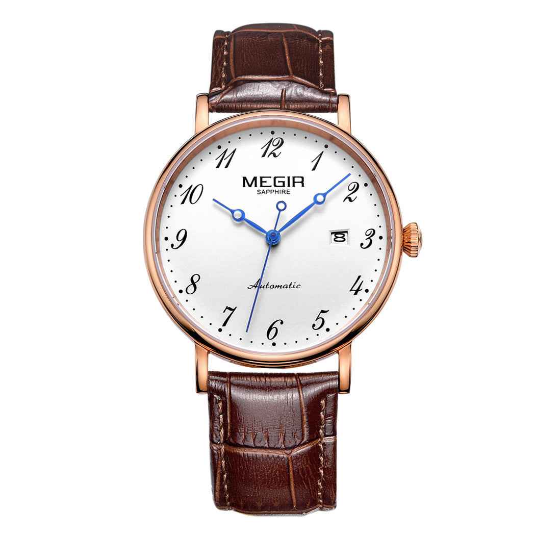 MEGIR Luxury Automatic Mechanical Watch for Men - Sapphire Leather Strap, Waterproof Sports Wristwatch