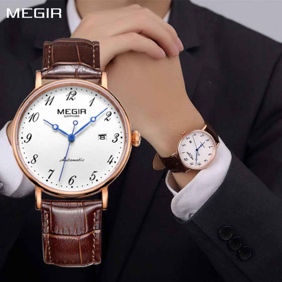 MEGIR Luxury Automatic Mechanical Watch for Men - Sapphire Leather Strap, Waterproof Sports Wristwatch