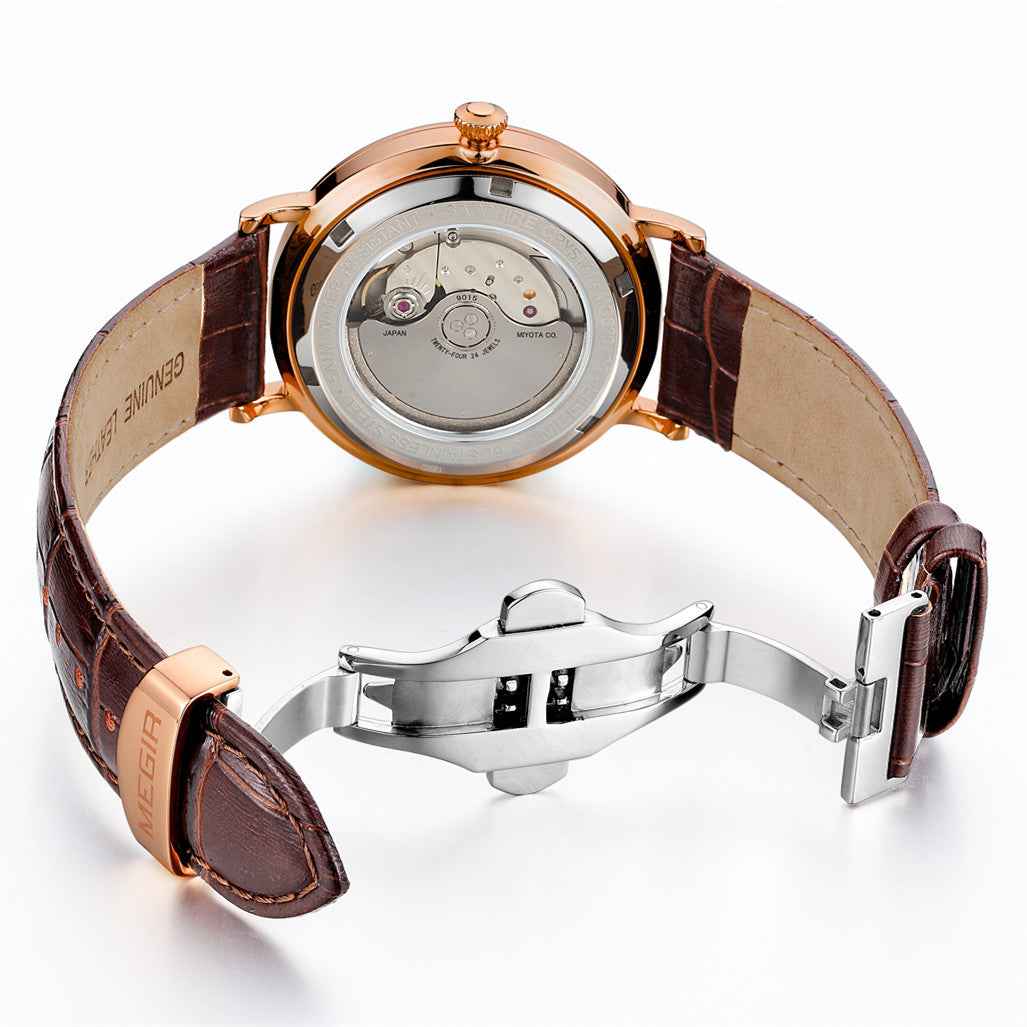 MEGIR Luxury Automatic Mechanical Watch for Men - Sapphire Leather Strap, Waterproof Sports Wristwatch
