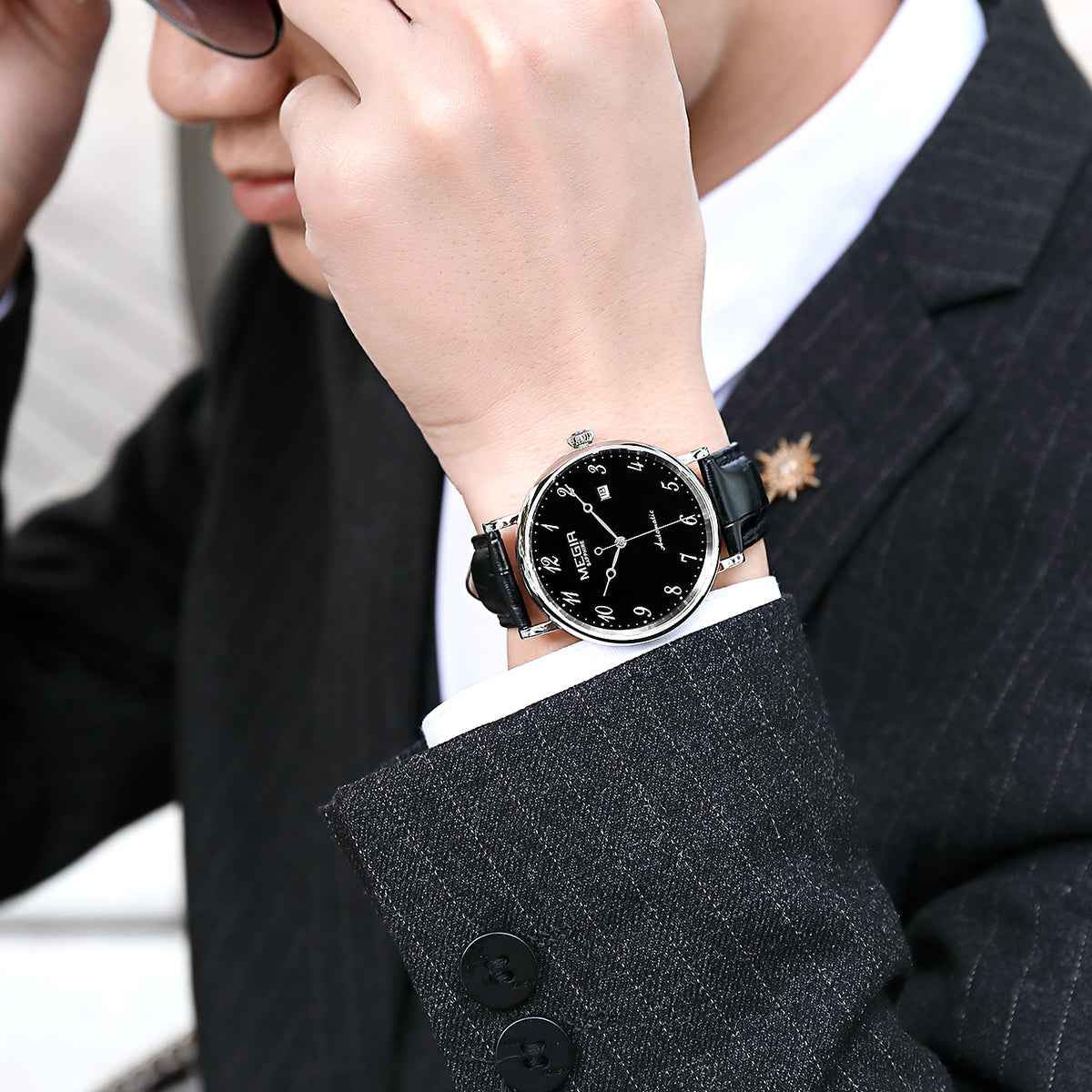 MEGIR Luxury Automatic Mechanical Watch for Men - Sapphire Leather Strap, Waterproof Sports Wristwatch