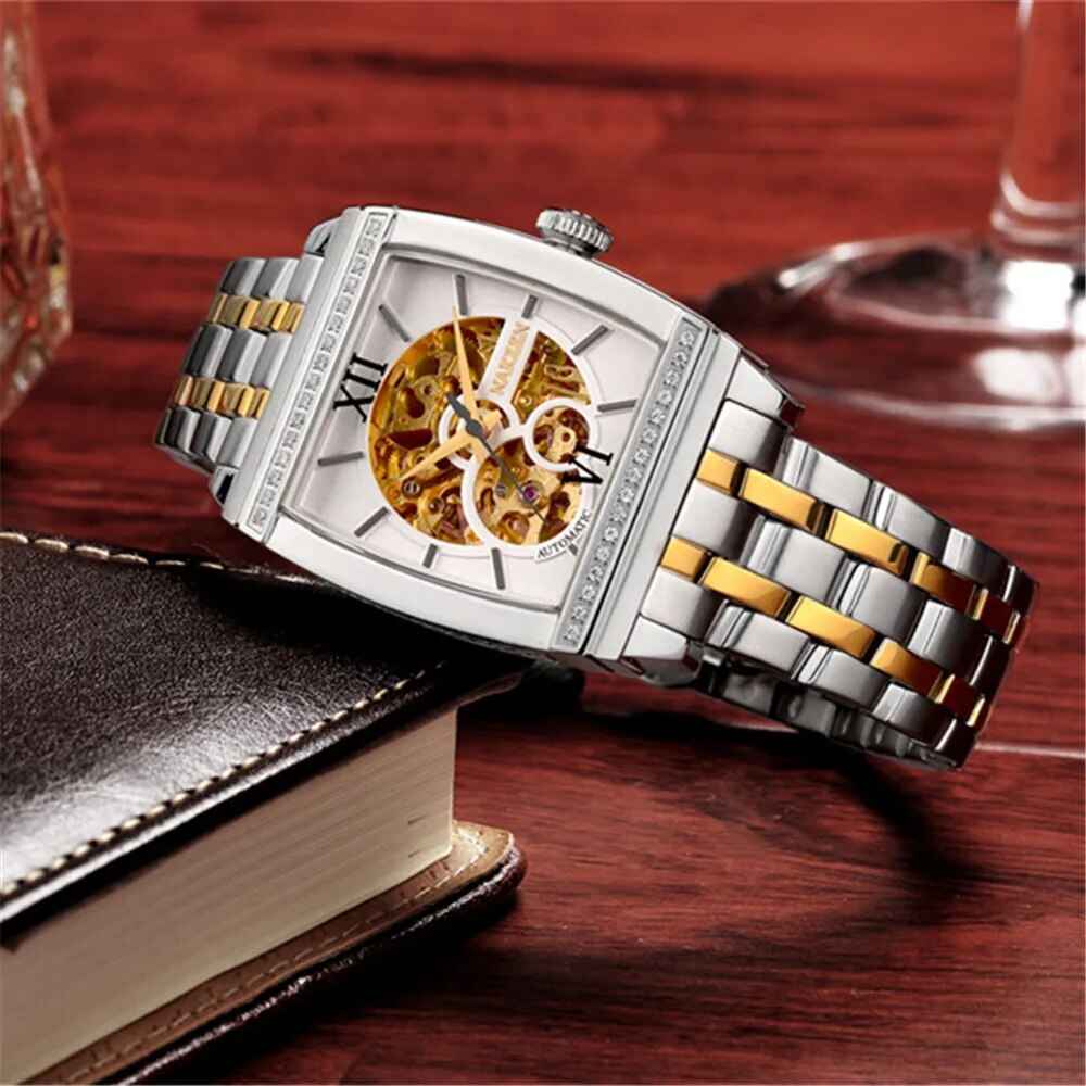 NAKZEN Rectangle Automatic Mechanical Men Watches Unique Design Tourbillon Skeleton Watch Luxury Valuable Male Clock Wrist Watch