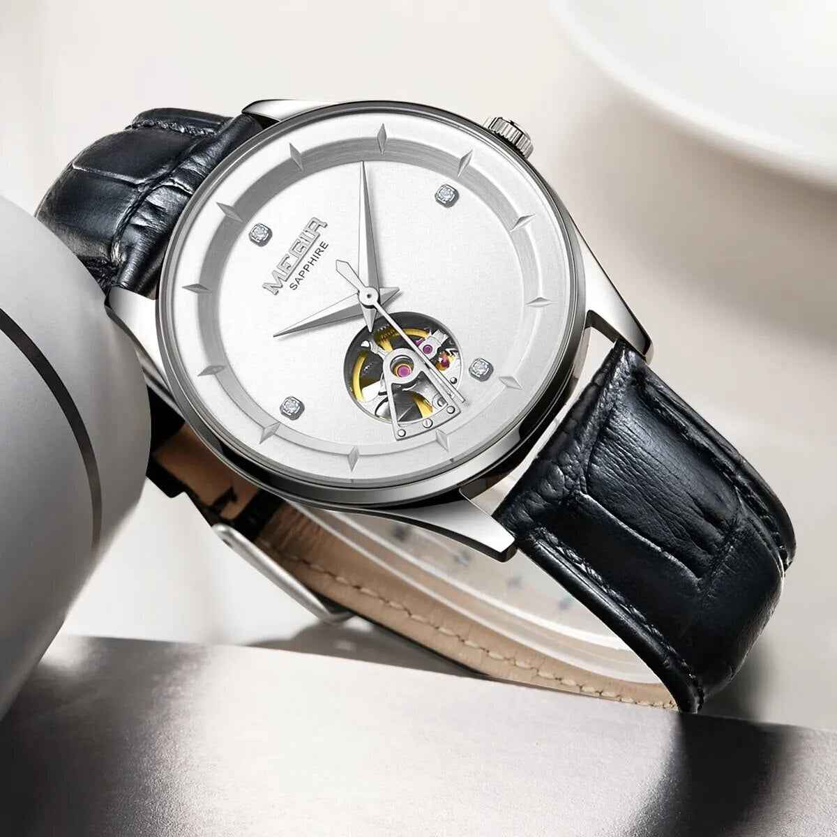 MEGIR Fashion Leather Strap Wristwatch for Men - Large Dial Sapphire Automatic Mechanical Watch