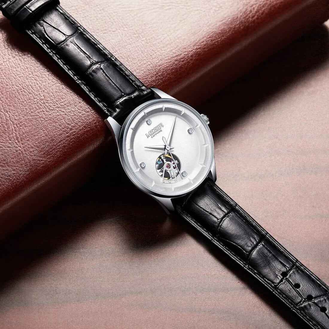 MEGIR Fashion Leather Strap Wristwatch for Men - Large Dial Sapphire Automatic Mechanical Watch