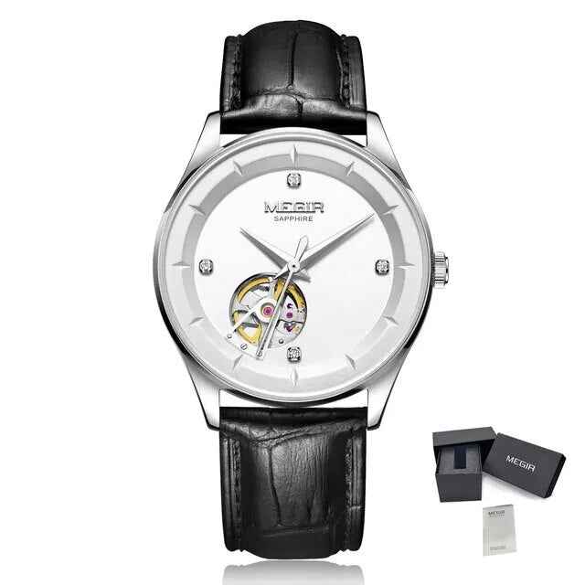 MEGIR Fashion Leather Strap Wristwatch for Men - Large Dial Sapphire Automatic Mechanical Watch