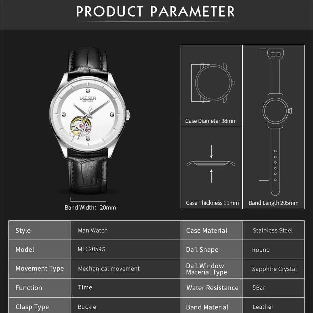 MEGIR Fashion Leather Strap Wristwatch for Men - Large Dial Sapphire Automatic Mechanical Watch