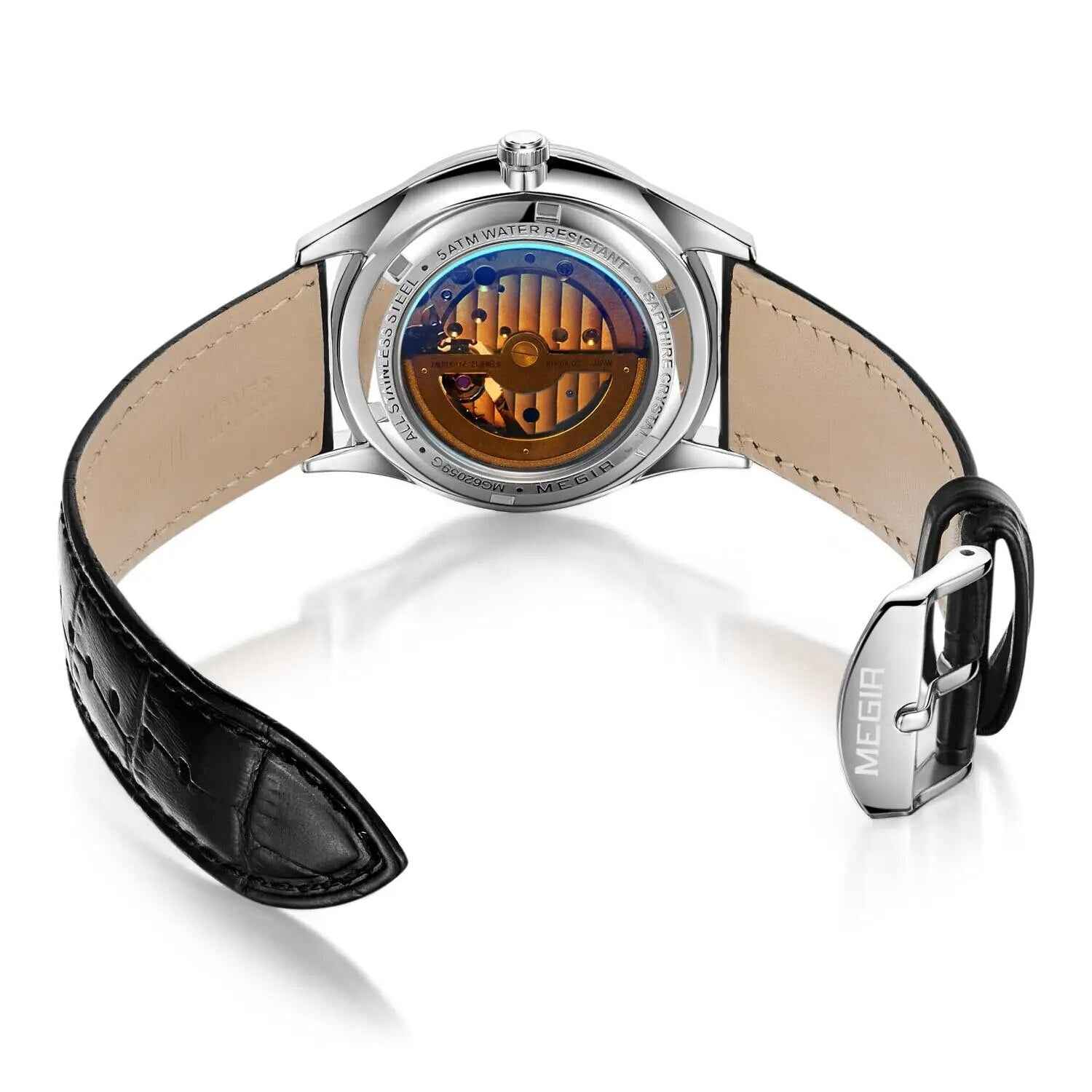 MEGIR Fashion Leather Strap Wristwatch for Men - Large Dial Sapphire Automatic Mechanical Watch