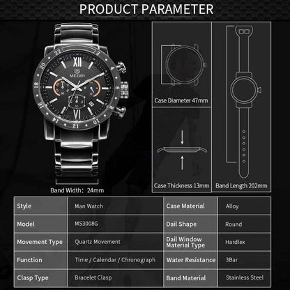 MEGIR Luxury Men's Chronograph Waterproof Quartz Watch - Stainless Steel Business Timepiece