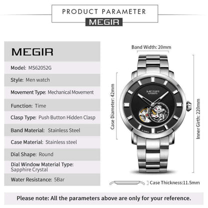 MEGIR Men Watch Hollow Out Automatic Mechanical Stainless Steel Wristwatch Waterproof Luxury Business Wrist Watch Montre Homme-8
