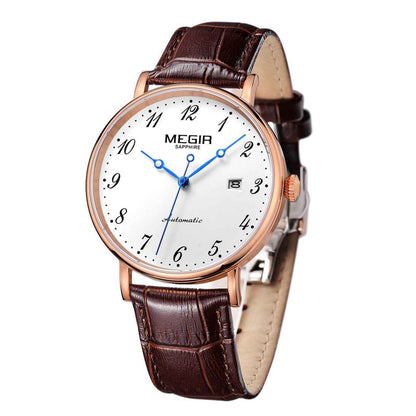 MEGIR Luxury Automatic Mechanical Watch for Men - Sapphire Leather Strap, Waterproof Sports Wristwatch