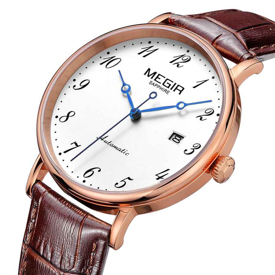 MEGIR Luxury Automatic Mechanical Watch for Men - Sapphire Leather Strap, Waterproof Sports Wristwatch
