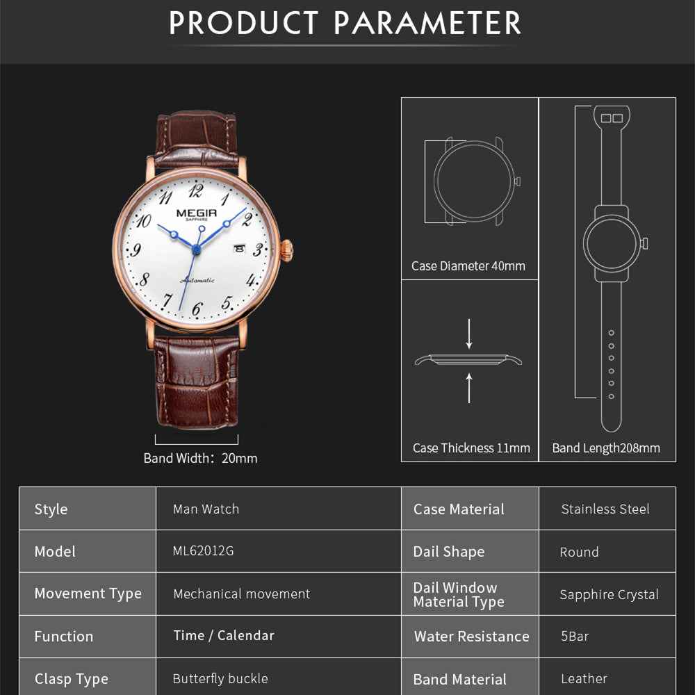 MEGIR Luxury Automatic Mechanical Watch for Men - Sapphire Leather Strap, Waterproof Sports Wristwatch