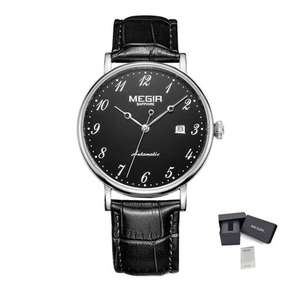 MEGIR Luxury Automatic Mechanical Watch for Men - Sapphire Leather Strap, Waterproof Sports Wristwatch