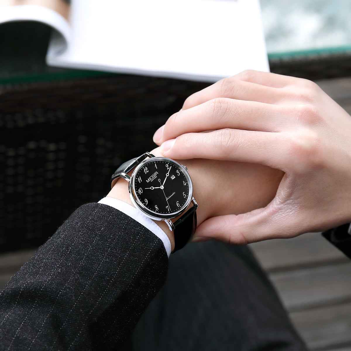 MEGIR Luxury Automatic Mechanical Watch for Men - Sapphire Leather Strap, Waterproof Sports Wristwatch