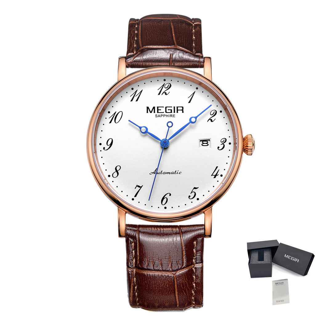 MEGIR Luxury Automatic Mechanical Watch for Men - Sapphire Leather Strap, Waterproof Sports Wristwatch