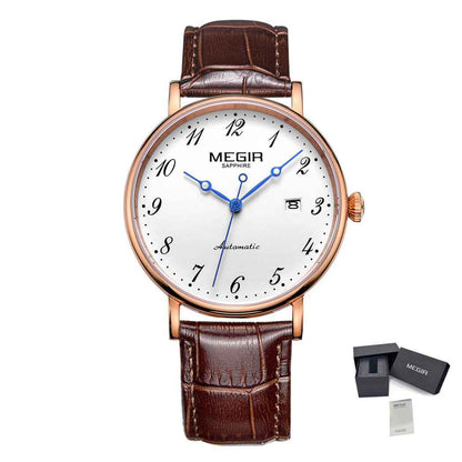 MEGIR Luxury Automatic Mechanical Watch for Men - Sapphire Leather Strap, Waterproof Sports Wristwatch
