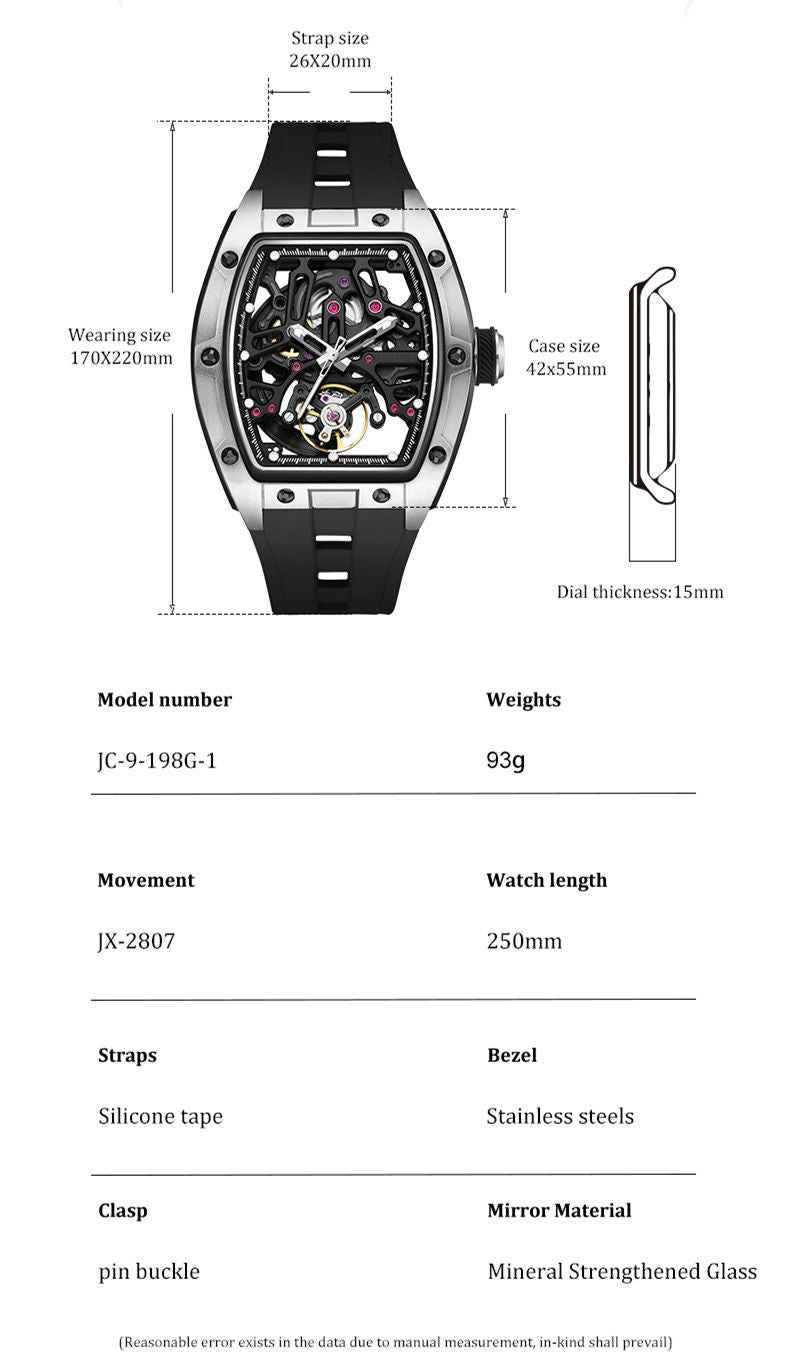 New Skeleton Dial Watches for Men Stainless Steel Case Automatic Mechanical Wristwatch Waterproof Luminous Sport Watch 9198-1