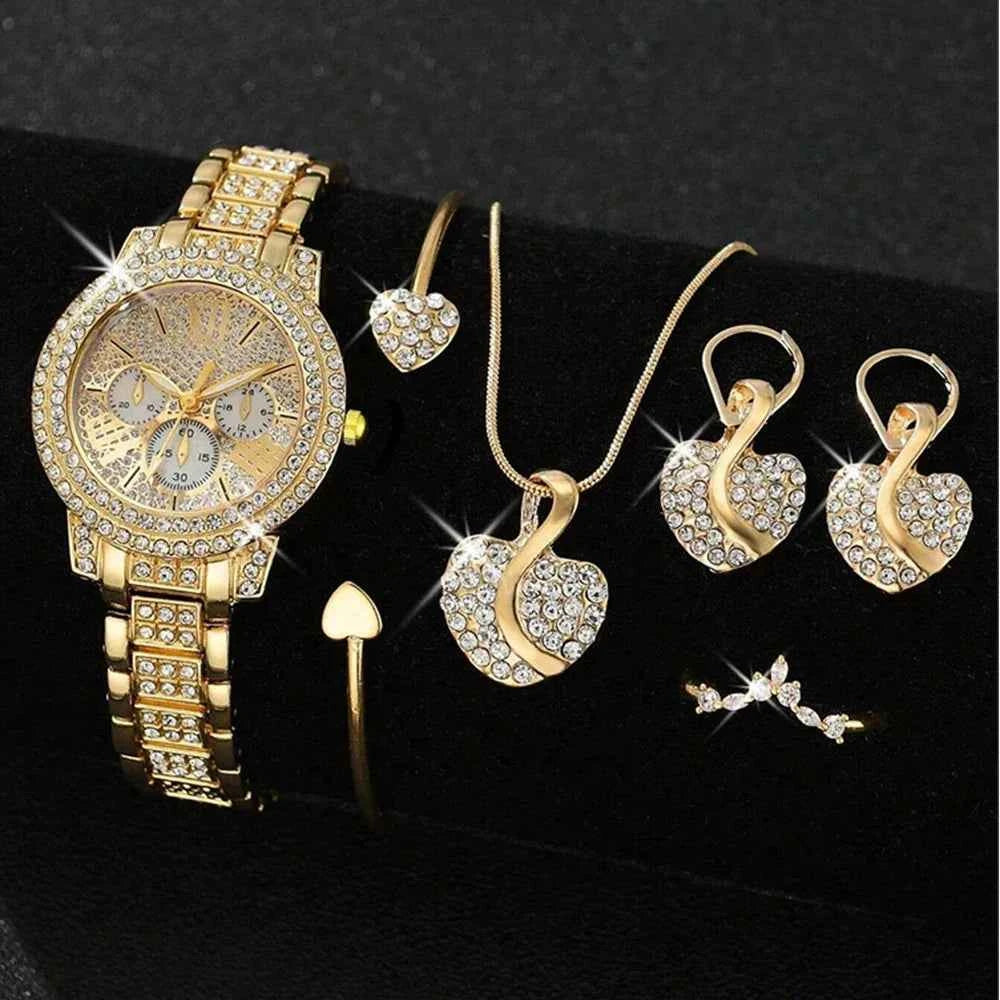 Women's Gold Quartz Watch Jewelry Gift Set